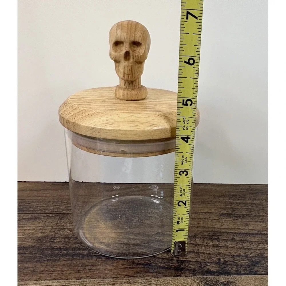 Clear Glass Jar Dish With Wooden Skull Lid Halloween Skeleton